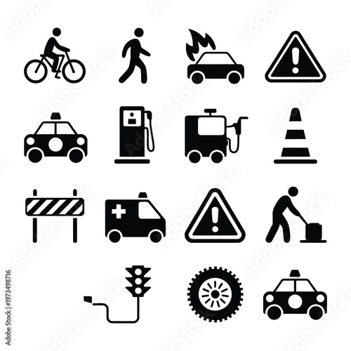 Vehicle and city traffic management icon set including roadside assistance warning signs public service and travel elements.