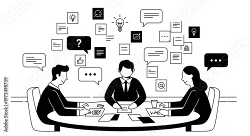 Three professionals in formal business meeting discussion.