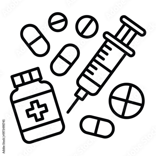 Pharmaceutical and medical supplies illustration containing pills capsules syringe and medicine bottle for healthcare design.