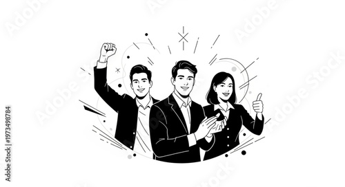 Three business professionals celebrating success and teamwork.