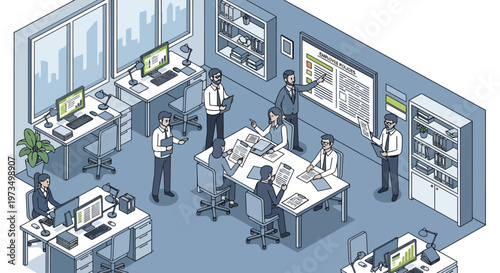 Modern Office Meeting Room with People Working and Discussing Ideas.