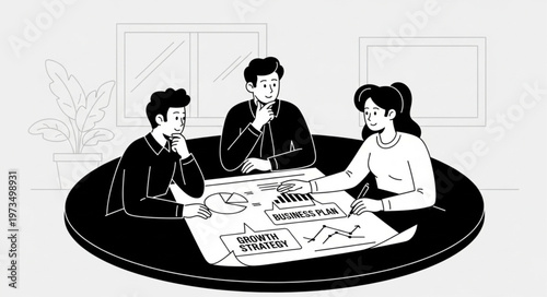 Three coworkers reviewing documents around round table.