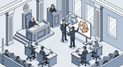 Courtroom scene with judge jury and lawyers presenting evidence.