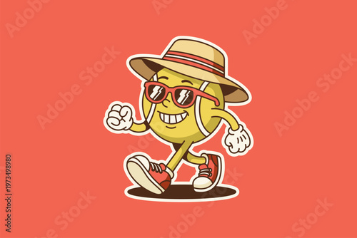 Cool Retro Cartoon Tennis Ball Mascot Walking Vector