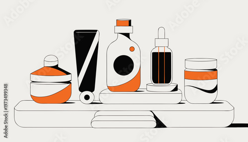 Minimal cosmetic packaging lineup on a stepped podium with a clean neutral background