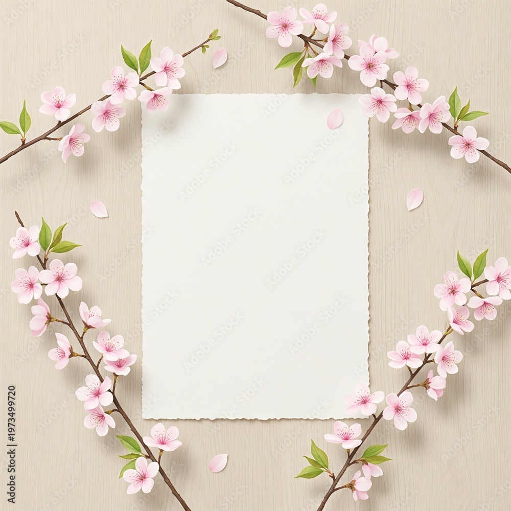 Fototapeta premium Blank white paper card mockup with cherry blossom branches on wooden background