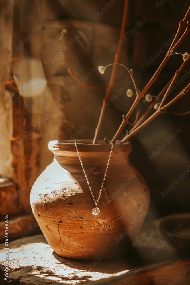 Fototapeta premium Ancient clay pot with a small hanging metal vessel and dried branches nearby