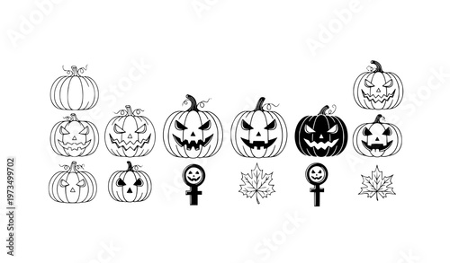 Simple Halloween Pumpkin Outline and Filled Icon Vector Set in Black and Orange