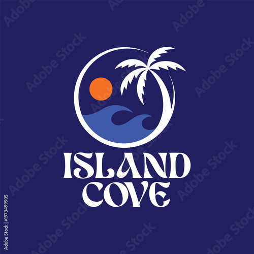 Blue circle with white seagull and orange sun over text island cove bird