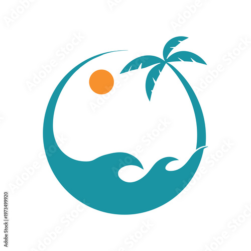 Turquoise circle with orange dot and flying bird silhouette