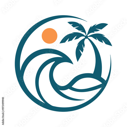 Turquoise circular frame with orange sun and two blue birds circle