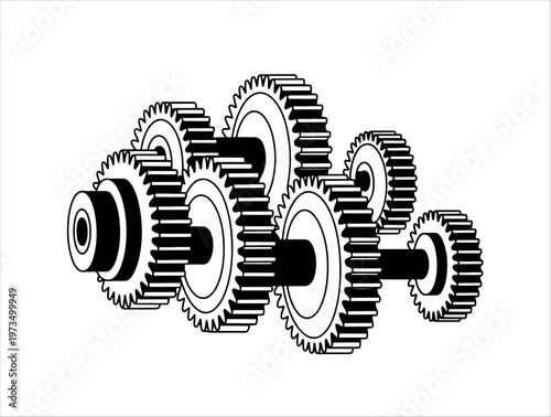 Gear assembly silhouette with interlocking gears on shafts for mechanical transmission systems.