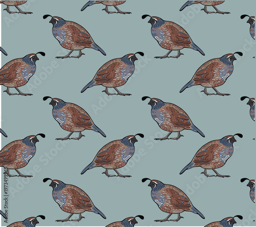 Quail bird repeat pattern design in vector, vintage hunting seamless wallpaper for den or man cave