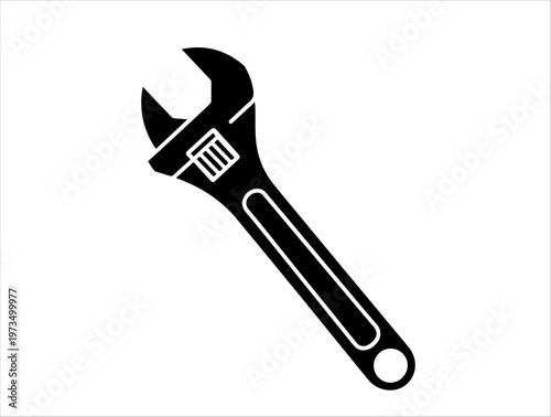 Adjustable wrench silhouette with movable jaw and handle hole, ideal for mechanical repair tools.