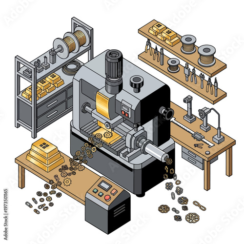 Automated Watchmaking Machine in Isometric View with Accessories.