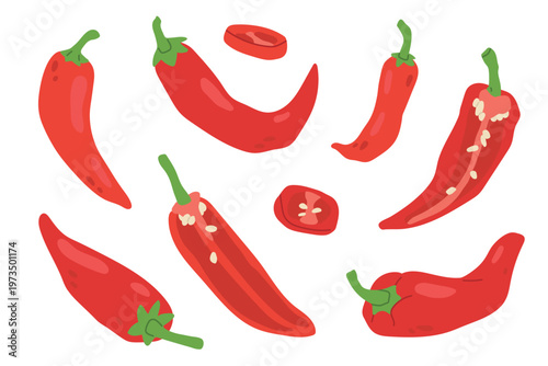 Set of red whole,half,slice peppers in flat style. Fresh whole peppers vegetables isolated on light background. Vector illustration for healthy food, greengrocer or grocery design.