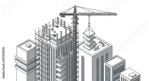 Tower Crane Lifting Materials On Highrise Construction Site.