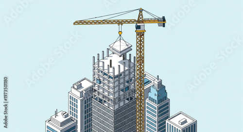 Tower Crane Lifting Materials Above Skyscraper Construction Site.