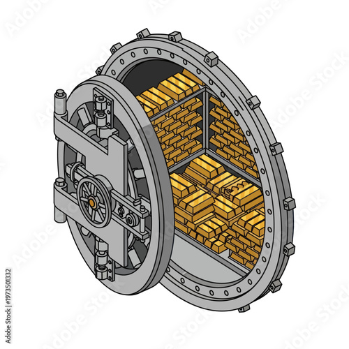 Vault Door Open Revealing Stacks of Gold Bars.