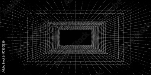 Futuristic perspective grid box. Abstract wireframe with white grid line on black background. Virtual reality landscape in 80s 90s digital style. Vector