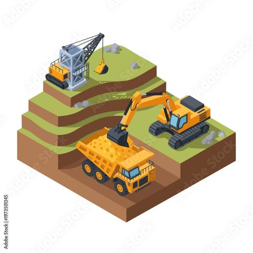 Isometric Mining Operation with Crane, Excavator, and Dump Truck.