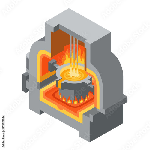 Isometric Illustration of an Industrial Furnace with Molten Metal.