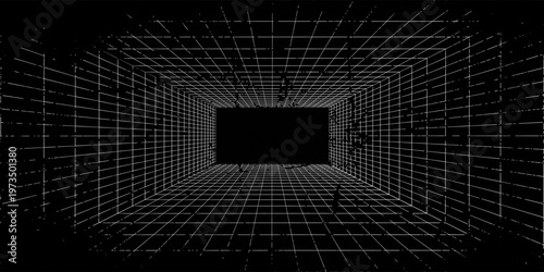 Futuristic perspective grid box. Abstract wireframe with white grid line on black background. Virtual reality landscape in 80s 90s digital style. Vector