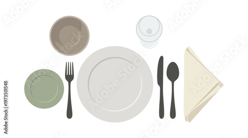 Table setting with plate and utensils. Vector Illustrations. EPS Editable