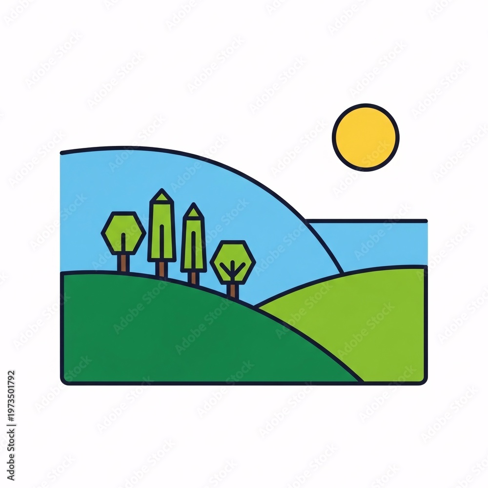 Fototapeta premium Simple landscape with trees and sun.