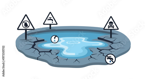 Toxic Waste Water Pollution Warning Signs. Vector Illustrations. EPS Editable
