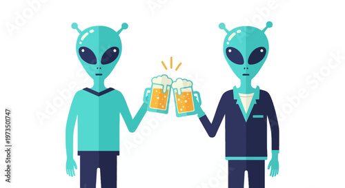 Two Aliens Toasting with Beer Glasses. Vector Illustrations. EPS Editable