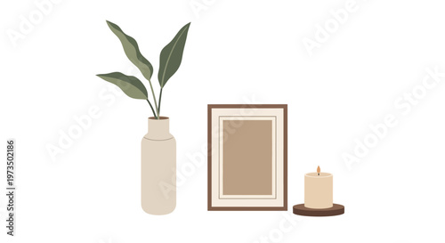 Vase with plant leaves and frame. Vector Illustrations. EPS Editable