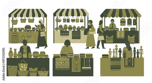 Vendors Selling Food at Market Stalls. Vector Illustrations. EPS Editable