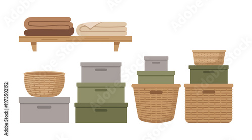 Various storage boxes and baskets with folded towels on a shelf. Vector Illustrations. EPS Editable