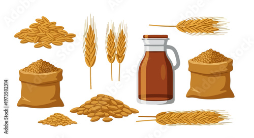 Wheat grains and beer bottle illustration. Vector Illustrations. EPS Editable