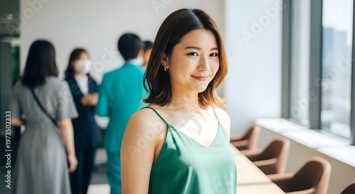 Confident young Asian woman smiling at the camera in a bright, modern office setting with blurred colleagues in the background, showcasing professional ambiance and positive energy. Free Download Confident young Asian woman smiling at the camera in a bright, modern office setting with blurred colleagues in the background, showcasing professional ambiance and positive energy. - GFXLoad