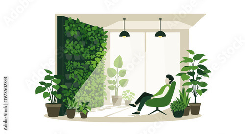 Woman Sitting in Green Chair Relaxing. Vector Illustrations. EPS Editable