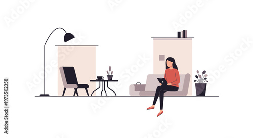 Woman Sitting with Laptop on Legs. Vector Illustrations. EPS Editable