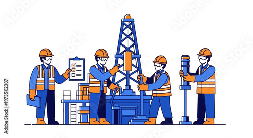 Workers in orange hard hats standing. Vector Illustrations. EPS Editable