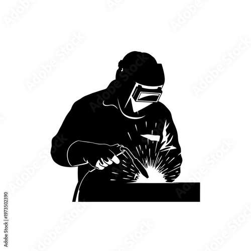 Silhouette of a Welder at Work with Protective Gear.