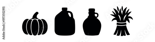 Harvest icon set. pumpkin, jug, maple syrup bottle, sheaf of wheat, autumn, thanksgiving, farm produce. flat vector illustration.