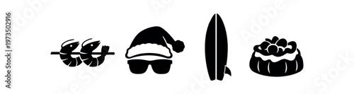 Summer holiday icons icon set. shrimp skewers, santa hat with sunglasses, surfboard, cream cake, beach celebration. flat vector illustration.