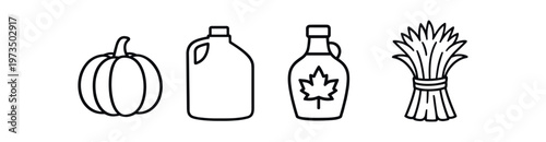 Harvest icon set. pumpkin, jug, maple syrup bottle, sheaf of wheat, autumn, thanksgiving, farm produce. line and flat vector illustration.