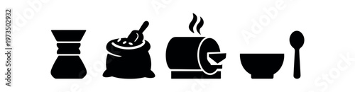 Coffee roastery icon set. chemex brewer, coffee beans, roaster drum, bowl and spoon. flat vector illustration.