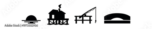 Coastal pier and waterfront buildings icon set. sunset, stilt house, fishing pier, boardwalk, marine and sea travel symbols. line and flat vector illustration.
