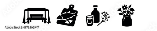 Picnic and kitchen garnish icon set. picnic table, cutting board with fish, bottle and glass, herb sprig and flower vase for outdoor dining and cooking. line and flat vector illustration.