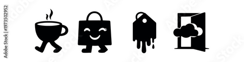Shopping and retail filled icon set. walking coffee cup, smiling shopping bag, dripping price tag, open door shop with cloud. line and flat vector illustration.