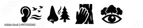Nature senses filled icon set. hearing, smelling, touching, seeing, forest symbolism and observation. line and flat vector illustration.