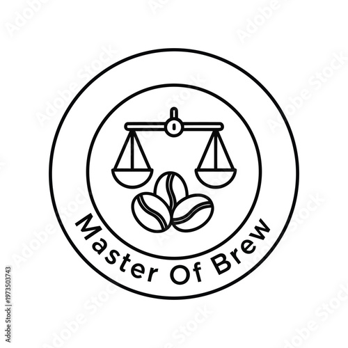 Master Of Brew Circle Logo with Coffee Beans and Scales Line Art Vector illustration.