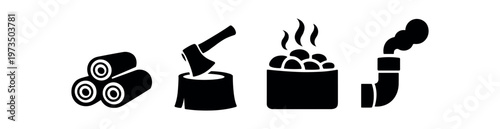 Sauna wood and heater icon set. logs, axe on log, hot stone stove, steaming flue, wellness and bath heating symbols. outline flat and colored vector illustration.